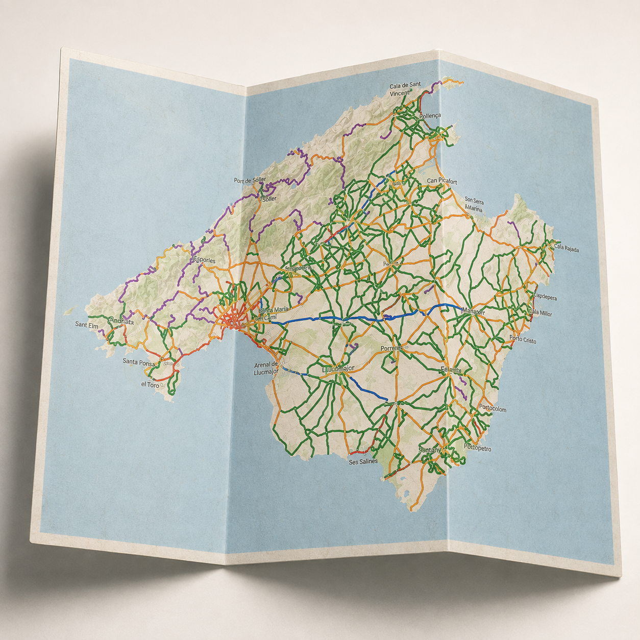 Folded Mallorca road and gravel cycling map